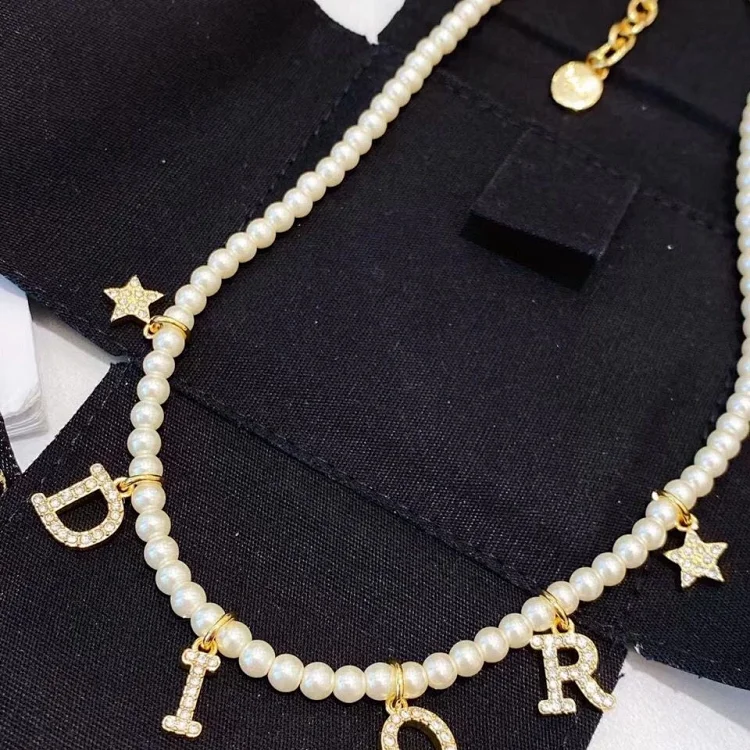 Dior Pearl Letter Charm Neckla