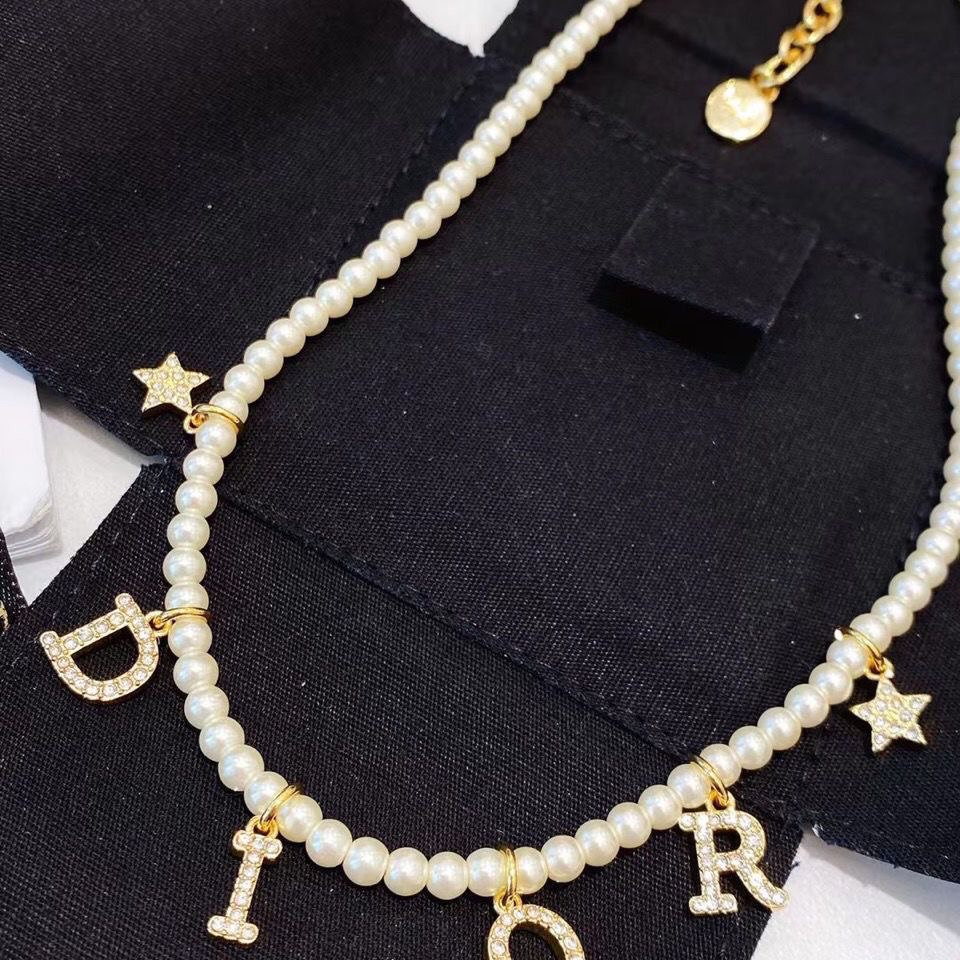 Dior Pearl Letter Charm Necklace -3
