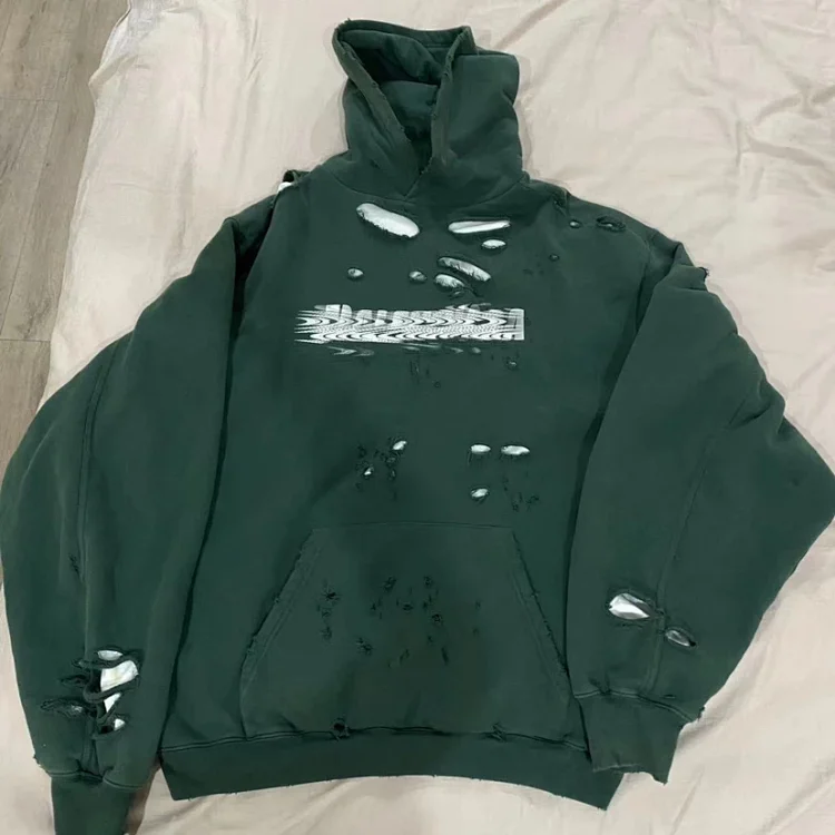 Distressed Green Hoodie with White Logo - Ripped Design [7 styles] -1