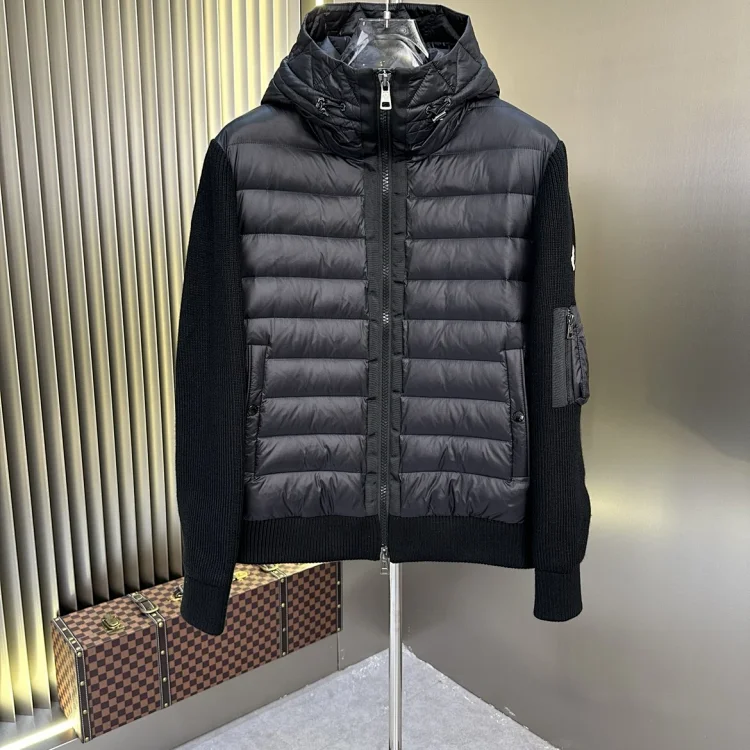 Moncler Men's Black Knit-Sleeve Down Jacket with Hood -1
