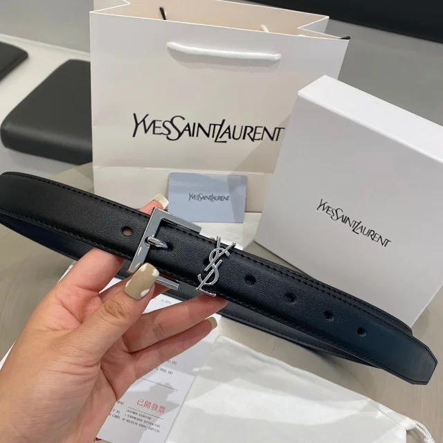 YSL Classic Leather Belt with Gold and Silver Buckle -2