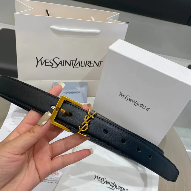YSL Classic Leather Belt with Gold and Silver Buckle -3