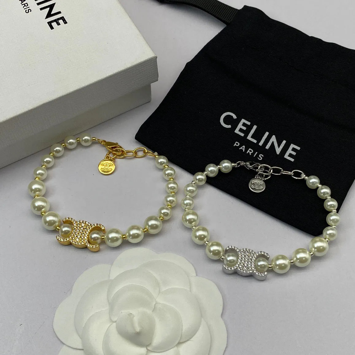 Celine Pearl Bracelet with Triomphe Motif [2 styles] -2